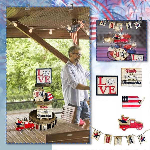 Uafhængighedsdag Tiered Bakke Indretning Bundle Sæt Hat Stjerne Bogstaver Skrivebords Ornament-FX-