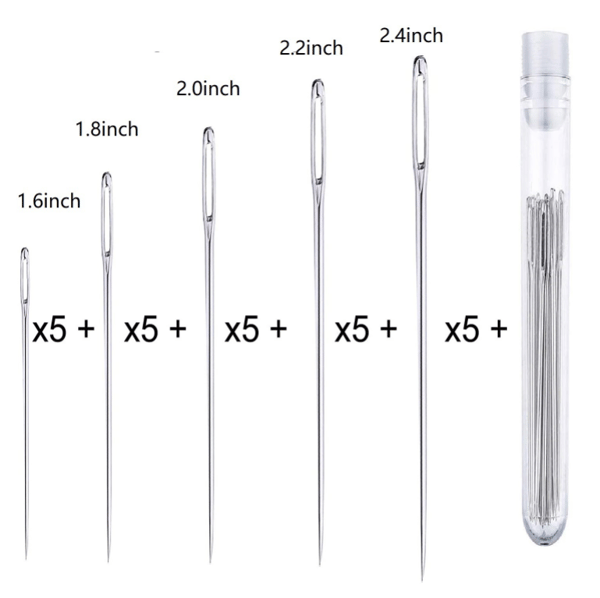 25 stk. store synåle med stort øje - Rustfri håndsynåle i et praktisk opbevaringsrør - FX-
