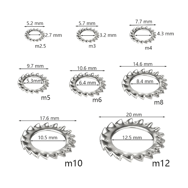 Serrated låseskiver, 300 stk. låseskiver i rustfritt stål, sortiment av låseskiver (M2.5 M3 M4 M5 M6 M8 M10 M12)【HY】