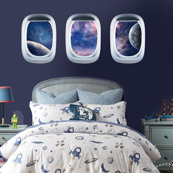 3 Delar 3D Rymd Väggdekaler för Barnrum, Planet Astronaut Väggdekaler, Rymd Galax Väggdekal, Pojkar och Flickor B【HY】
