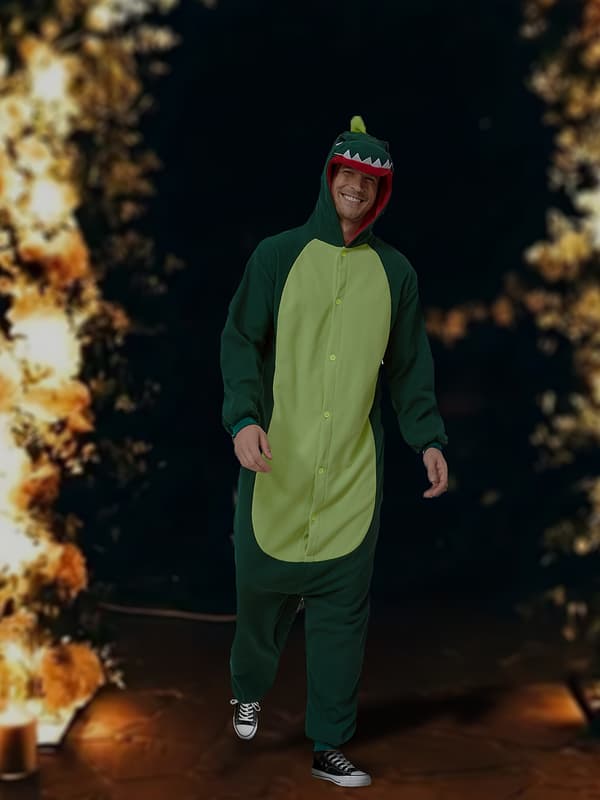 Herrfleecefodrad dinosaurie-onesie-pyjamas varm långärmad för höst vinter L Dk Green