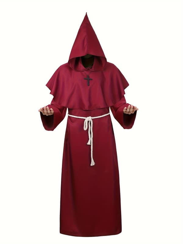 Hætteklædt middelalderlig præstekappe-kostume til mænd, langærmet polyesterkåbe med bælte L Burgundy