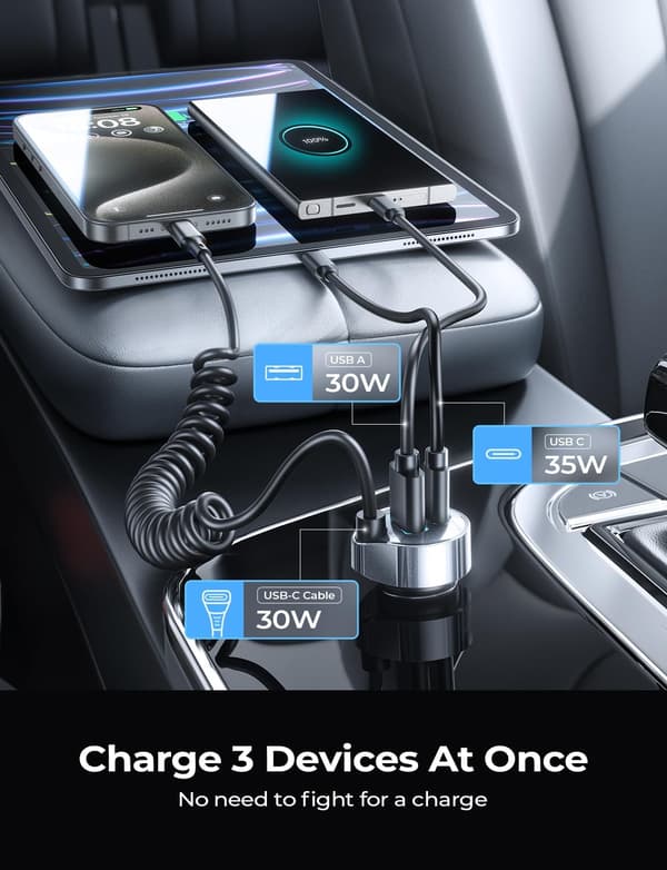 65W USB C Biloplader til iPhone 16 - PD Hurtigopladning med Spiralkabel-FX-
