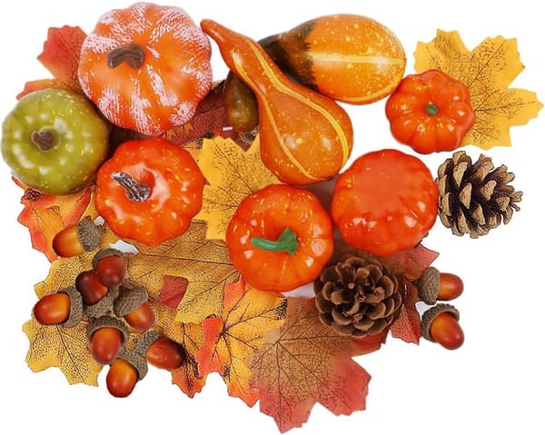 Sæt med kunstige græskar og efterårsblade til borddekoration til efterår og Thanksgiving