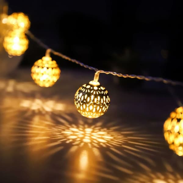 LED String Lights with Globe, Moroccan 20 Golden Metal Balls with Pattern, for Wedding, Holiday, Christmas, Indoor-FX-