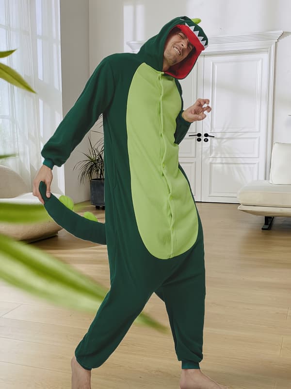 Herrfleecefodrad dinosaurie-onesie-pyjamas varm långärmad för höst vinter L Dk Green