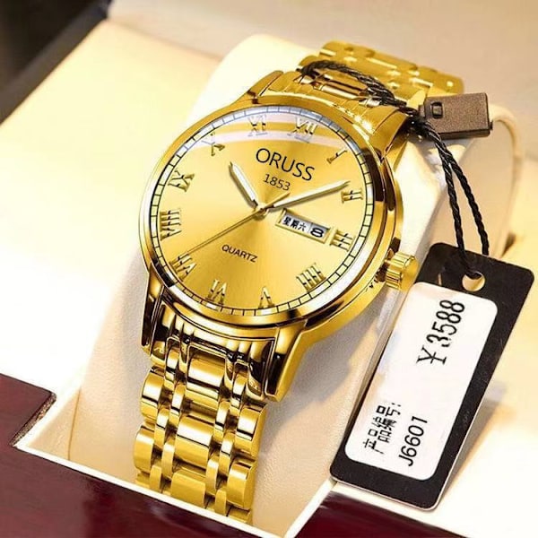 Automatisk mekanisk klocka herrkalender Lysande vattentät rund klocka med spegel i Roman men's gold strap gold face