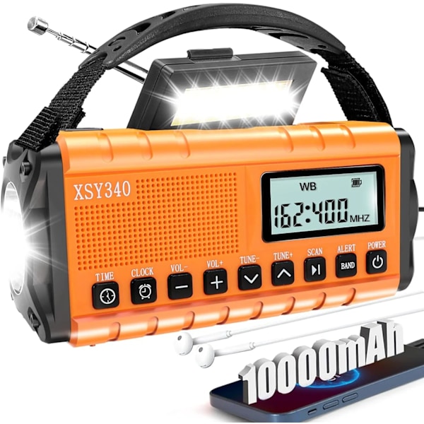 10000mAh Vattentät Nödradio Bärbar Sol Handvev Väderlarm Radio med AM/FM Ficklampa Läslampa SOS-larm Orange