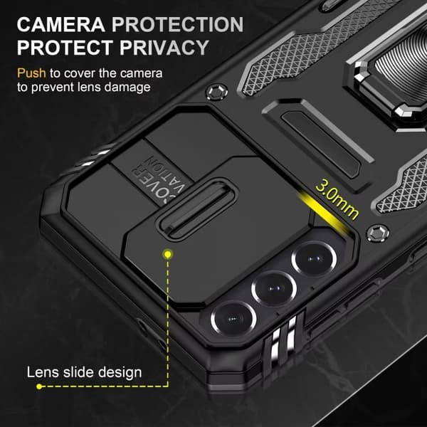 Samsung S24 Cover med kamerabeskyttelse og støttefod i sort-FX-
