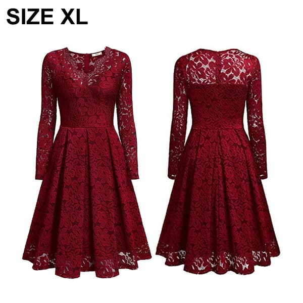 Dam vintage blommig spets långärmad V-hals temperamentklänning claret-FX-