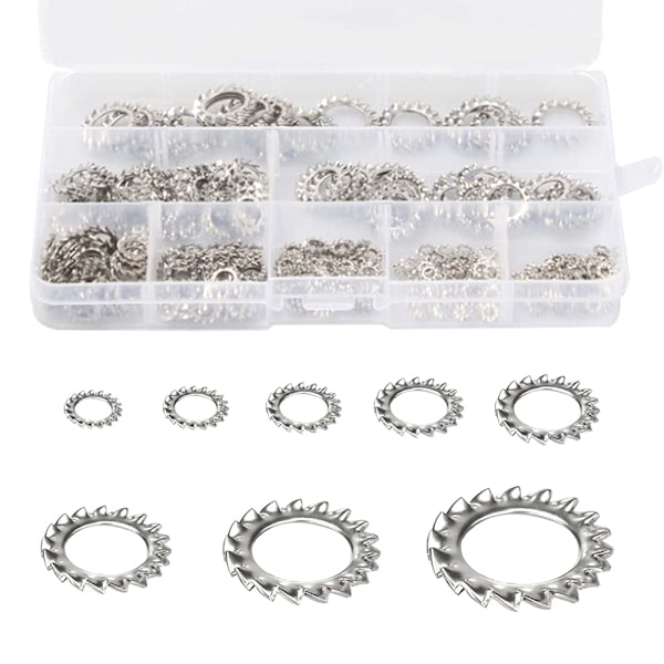 Serrated låseskiver, 300 stk. låseskiver i rustfritt stål, sortiment av låseskiver (M2.5 M3 M4 M5 M6 M8 M10 M12)【HY】