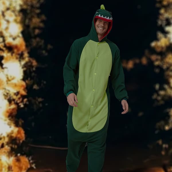 Herrfleecefodrad dinosaurie-onesie-pyjamas varm långärmad för höst vinter XL Dk Green