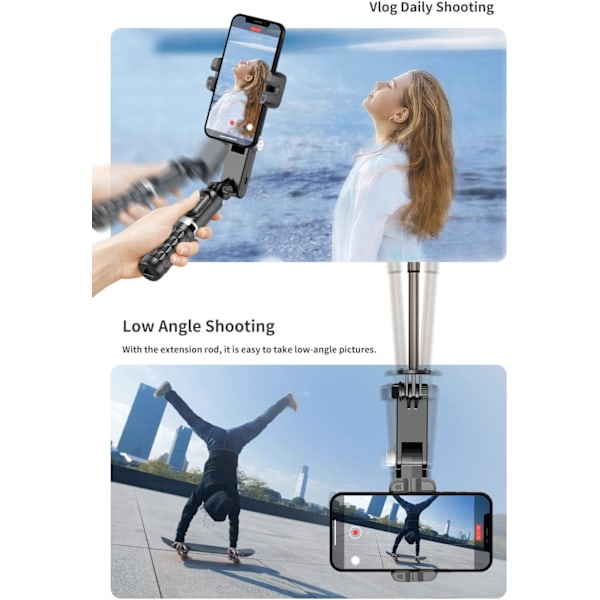 Smartphone gimbal stabilisator, 2-akset automatisk ansigtssporing selfie stick med stativ og LED-lys