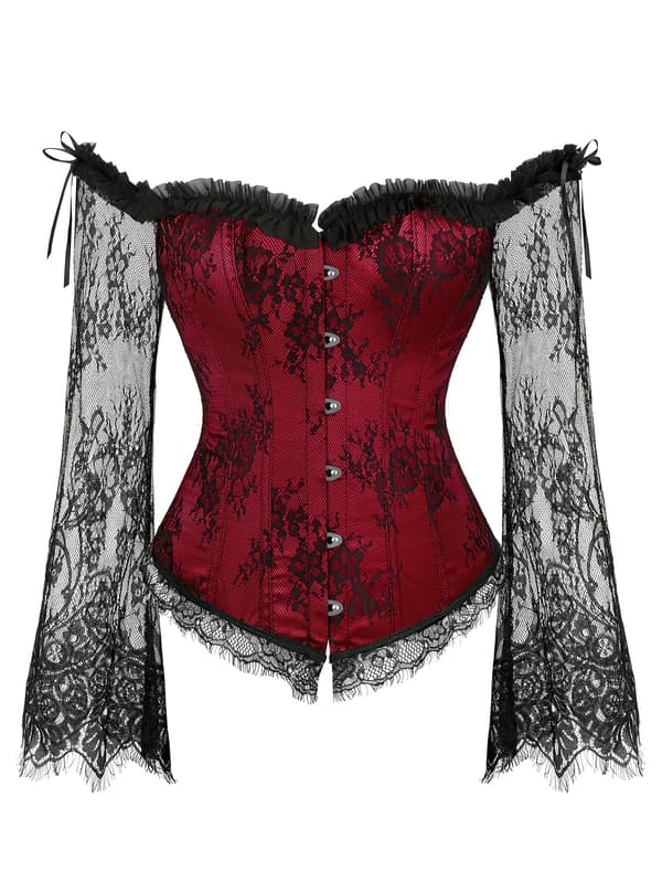 Plus-Size Overbust Korset Bodice Snøre Bustier med Mavekontrol og Blondeærmer til Kvinder 3XL Burgundy