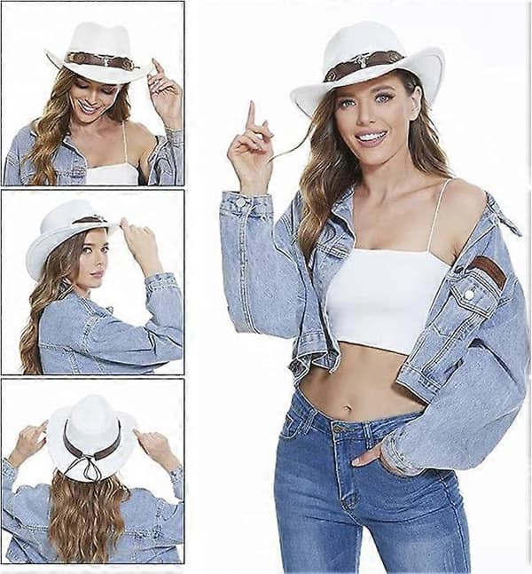 Klassisk cowboyhat til mænd, cowboyhat med bred skygge til kvinder, cowboyhat i westernstil -FX- White
