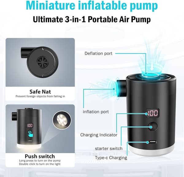 2025 Seneste Model Bærbar Luftpumpe til Oppustelige Genstande, Mini Luftmadraspumpe med Campinglampe LED-Display, USB Genopladelig Luftpu-FX-