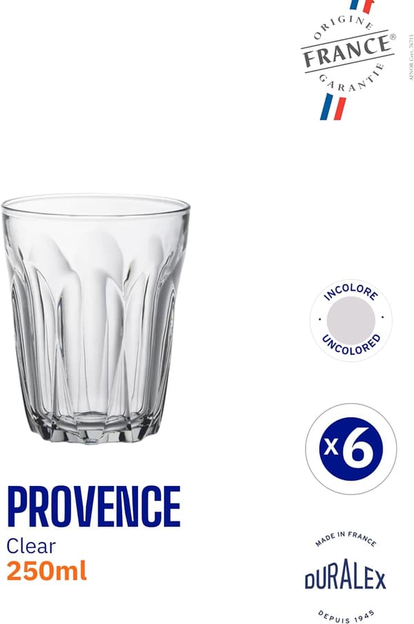 Provence vattenglas i glas 250 ml utan påfyllningsmarkering, 6-pack-FX-
