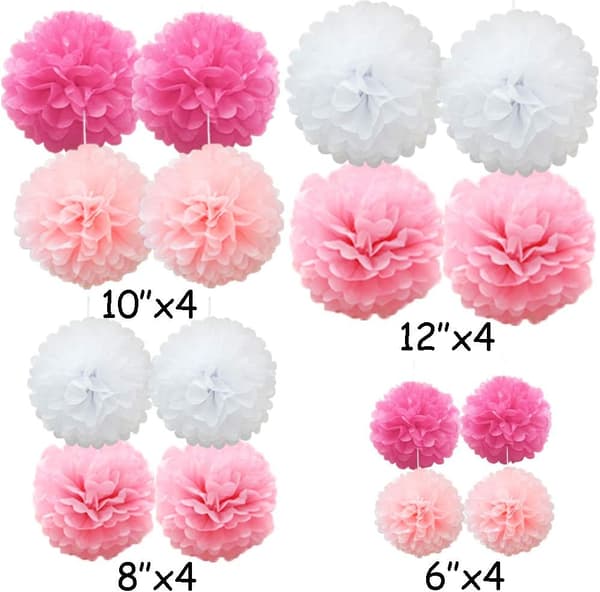 16 blandede silkepapirspompomer, håndlavede bryllups- og festdekorationer, lyserøde nuancer-FX- #02 Pink Shade