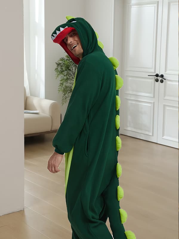 Herrfleecefodrad dinosaurie-onesie-pyjamas varm långärmad för höst vinter L Dk Green