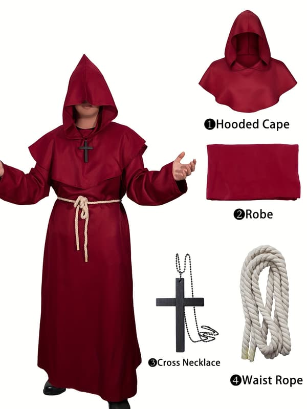 Hætteklædt middelalderlig præstekappe-kostume til mænd, langærmet polyesterkåbe med bælte L Burgundy