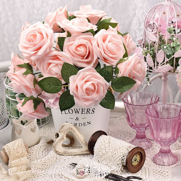 50 stk. Kunstige Roser, Blush Pink Roser Real Touch Skum Fake Rose Bulk med Stilke til Bryllupsbuketter Borddekorationer Brudefest Hjem{F2}