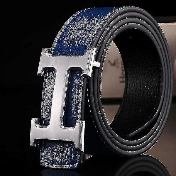 Ny Stil Business Fritid Ægte PU Læder H Glat Spænde Litchi Korn Bælte Til Mænd (FMY) Dark Blue   Silver