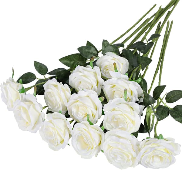 12-pakning Kunstige Roser Blomster Silke Realistiske Blomster, Hvit-FX-