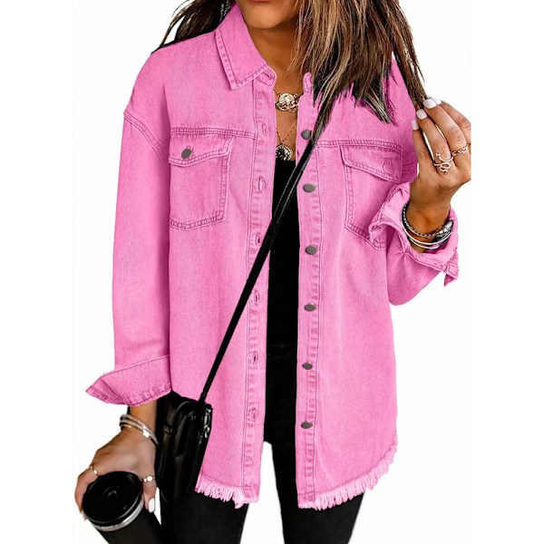 Oversized denimjakke for kvinner, avslappet lang boyfriend-modell, distressed jeansskjorte rosa Pink M