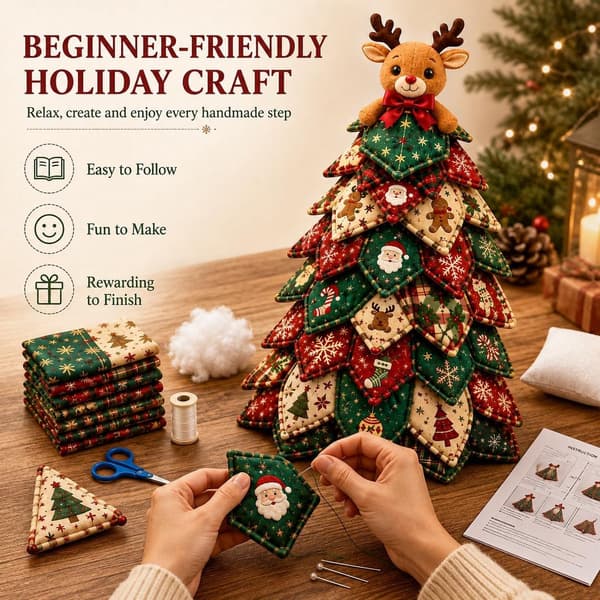 DIY-kit för quiltad julgran, 3D-tygpatchwork-sömnadspyssel för nybörjare, komplett sömnadskit med mallar-FX-