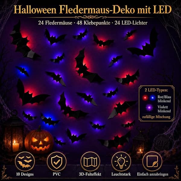 Halloween-dekorasjon utendørs 60 lysende 3D-flaggermus for dør og vindu | Inkluderer 60 LED-lys og selvklebende puter bat 60pcs