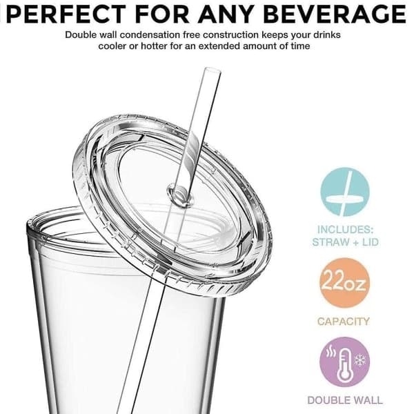 Double-walled plastic mug with lid and straw, 500 ml insulated coffee cup, transparent travel mug-FX-