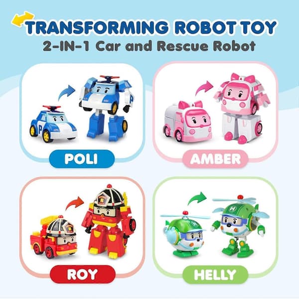 SBSG Robocar Poli 4-pak Poli + Amber + Roy + Helly Transformerende Robotlegetøj, 4\" Transformerbar-FX-