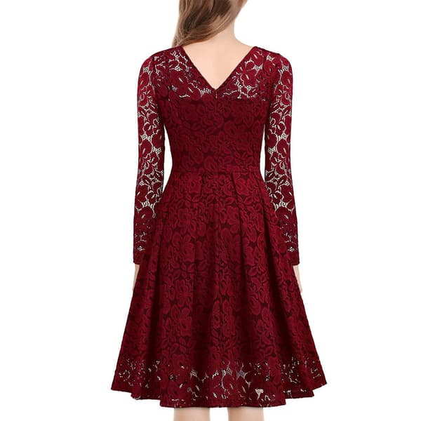 Dam vintage blommig spets långärmad V-hals temperamentklänning claret-FX-