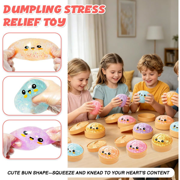 Glitter Dumpling, Glitter Dumpling Squishy med låda, Dumpling Sensorisk Klämleksak för Stresslindring Guld-FX-