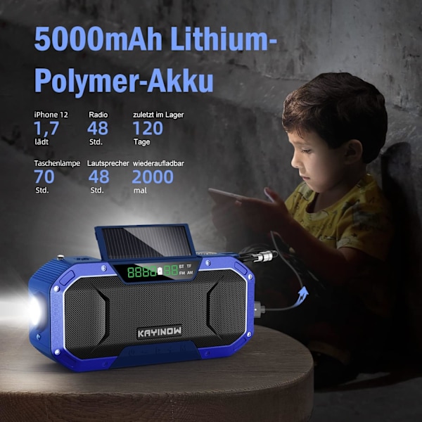 Solarradio - Bluetooth-högtalare, IPX5 vattentät bärbar AM/FM-överlevnadsradio, 5000mAh uppladdningsbart batteri multifunktionell nödradio, blå