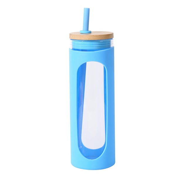 600 ml glaskopp, med bambulock och sugrör, spillsäker glasflaska, med silikonskydd, BPA-fri.【HY】