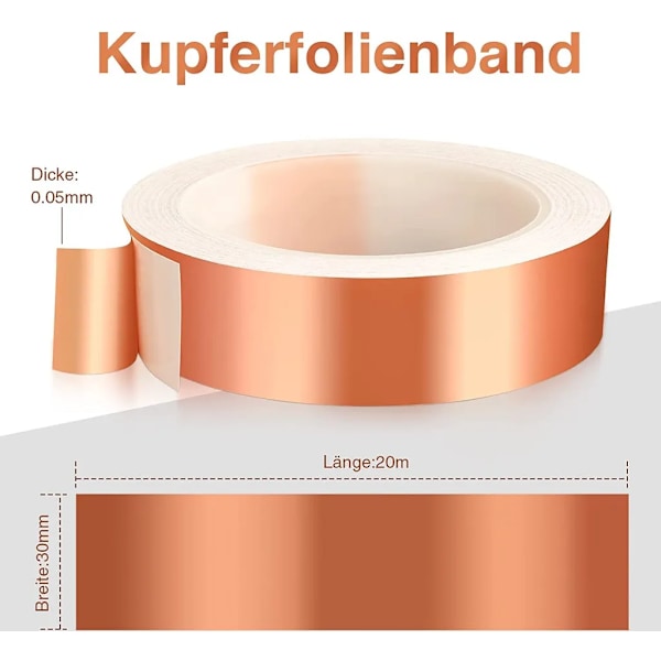 Kobbertape mod snegle, 30 mm x 20 m sneglehegn sneglebeskyttelse til højbede, selvklæbende kobbertape '-UU-'