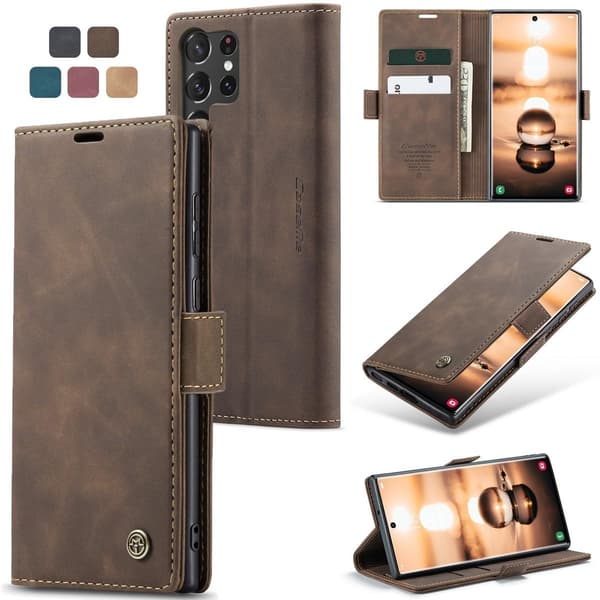 För Samsung Galaxy S25FE Läderplånboksfodral med Kortfack & Ställ, Slim-FX- kaffefärgad