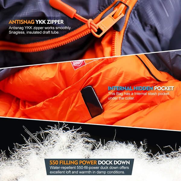 Hydrophobic Down Sleeping Bag for Adults - Lightweight and Compact 4-Season Mummy Bag for Backpacking, Camping, Mountain-FX-