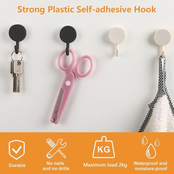 20 Pieces Black and White Self-Adhesive Plastic Hooks, Removable Wall Hangers for Bathroom, Kitchen, Office, Wardrobe, Glass-FX- Black