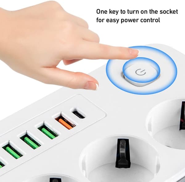 Skrivebordsstrømskinne med 3 uttak, 5 USB-porter og USB-C, 2m kabel og bryter-FX-