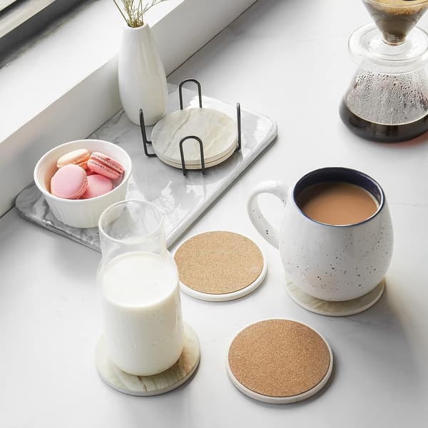 Underlägg Set Om 6 Med Hållare Marmorlook Glasunderlägg Heminredning Bröllopspresent-FX-