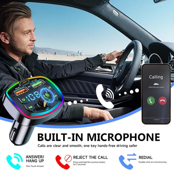Bluetooth 5.0 bil FM-sender med håndfri opkald og dobbelt USB-opladning-FX-
