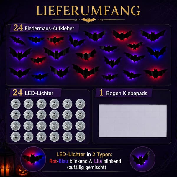 Halloween-dekorasjon utendørs 48 lysende 3D-flaggermus til dør og vindu | Inkluderer 48 LED-lys og selvklebende puter bat 48pcs