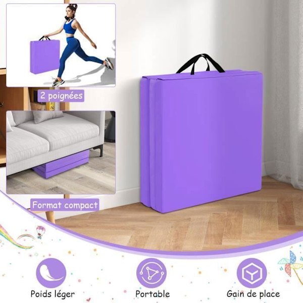 COSTWAY Kokoontaitettava jumppamatto 180 x 60 x 5 cm, 3-kerroksinen, 2 kahvaa, tarranauha 3 sivulla, vedenpitävä PU EPE-täyte, violetti