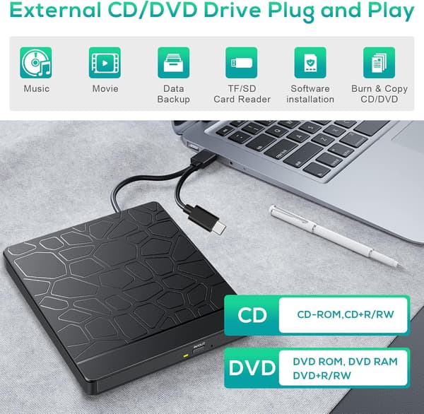 USB 3.0 & Type-C Ekstern CD DVD-drev RW-brænder til bærbar computer Windows 11/10-FX-