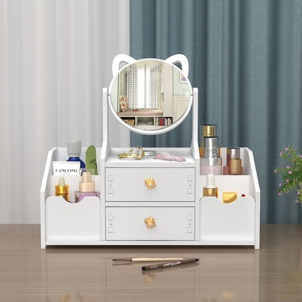 Luxury White Wooden Cosmetic Storage Box with Large Capacity, Multifunctional Design, Drawers, Dustproof Lid, and Mirror