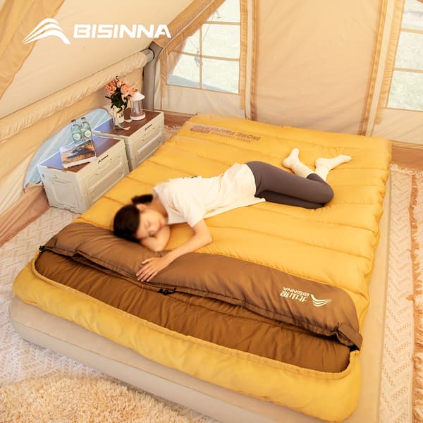 Dobbel sovepose for camping, fotturer, reise, 2 personer, rektangulær polyester 3KG Yellow