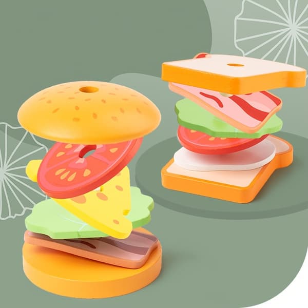 Leketøysett i tre med hamburger og sandwich for barn