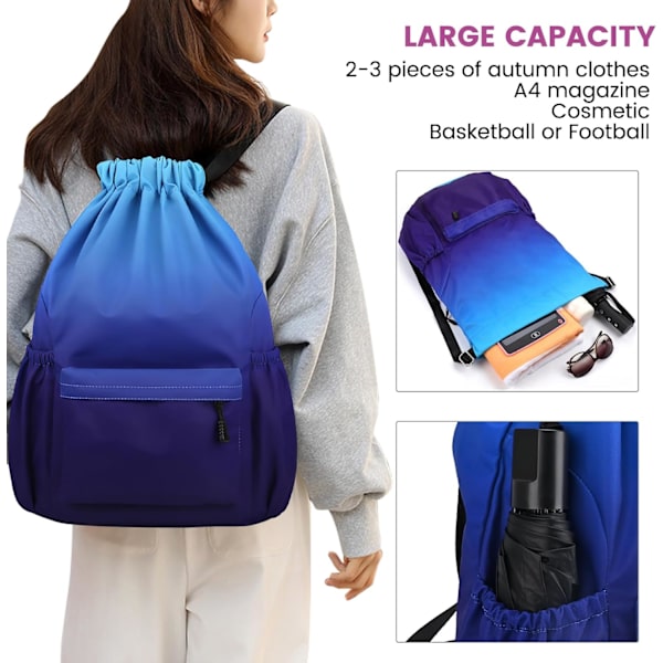 Drawstring Gym Bag, Large Drawstring Bags with Mesh Pockets, Waterproof Nylon Drawstring Bag, Drawstring Gym Bag-FX- Cyan